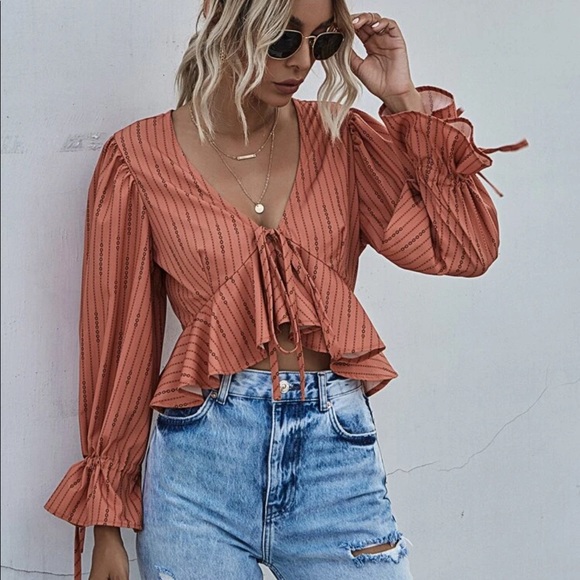 Boho Rust Orange Strip Crop Long Sleeve Top Stripe - Picture 3 of 3